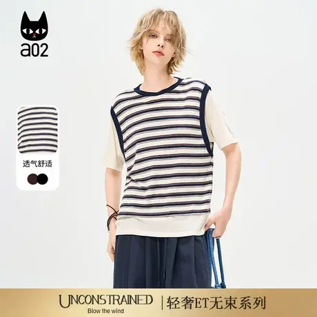 a02【ET自然系列】假两件条纹宽松短袖T恤女2025新款夏季轻薄上衣图片