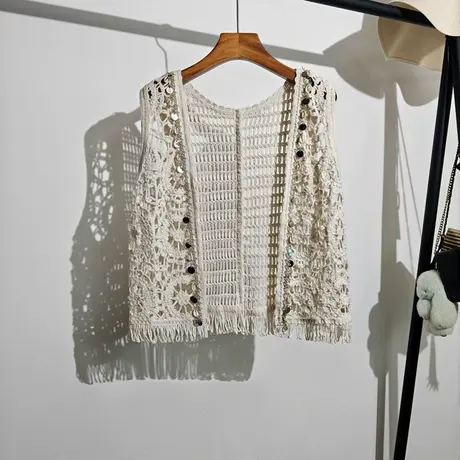 波西米亚度假风镂空马甲背心女2025夏季新款无袖坎肩勾花上衣外搭商品大图