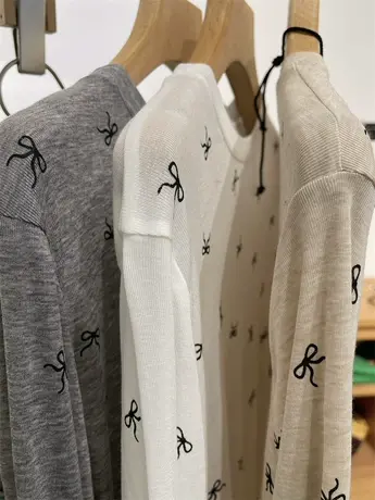 纯欲辣妹！圆领蝴蝶结透视感天丝羊毛打底衫女修身显瘦长袖T恤夏商品大图