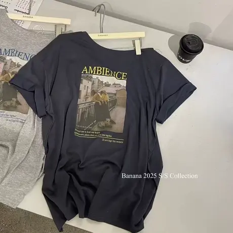 夏季新款韩版时尚欧美图案印花斜肩短袖T恤女宽松中长款性感上衣图片