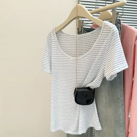 条纹大领口U领短袖T恤女2025夏季新款宽松韩版斜肩露肩半袖上衣潮商品大图