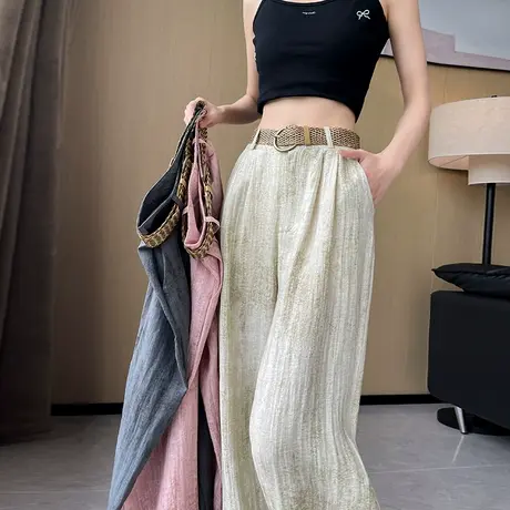 休闲冰丝阔腿裤女夏季薄款高腰宽松显瘦仿棉麻印花拖地直筒山本裤商品大图