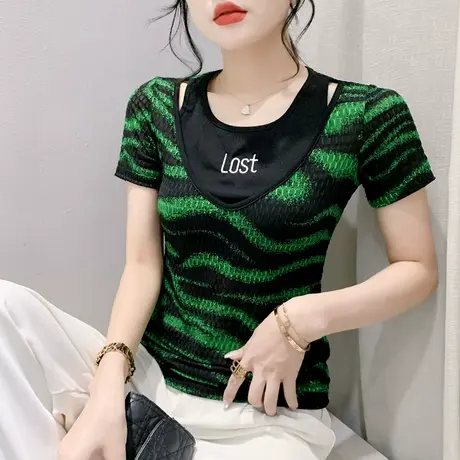 网纱拼接短袖T恤女2024夏季新款漂亮印花气质小衫修身设计感上衣商品大图