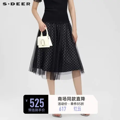 sdeer圣迪奥女装夏季半身裙松紧拼接格纹网纱A字伞裙S23281103🧣图片