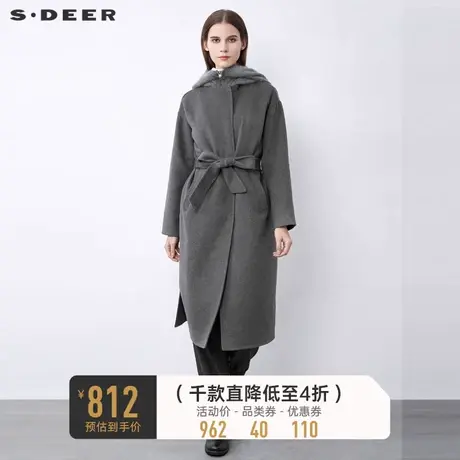 sdeer圣迪奥女装时尚针织连帽收腰直筒长款毛呢大衣S21481853💓商品大图