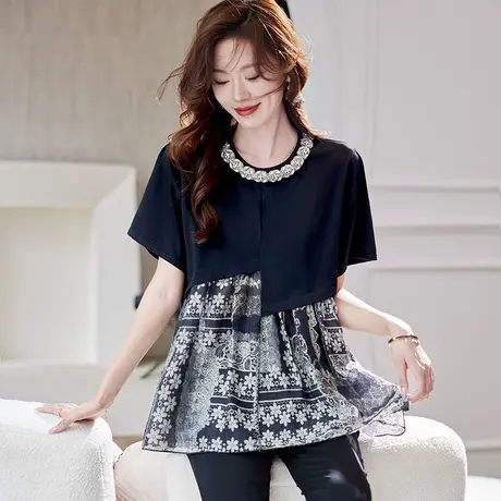 宝诗黎圆领钉钻印花拼接T恤2025夏季洋气假两件休闲棉质短袖上衣图片