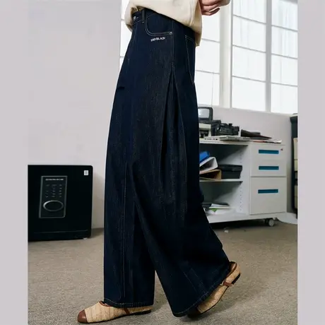 a02拉腿侧折轻薄宽松显瘦阔腿裤2025春季高腰休闲气质女式牛仔裤商品大图