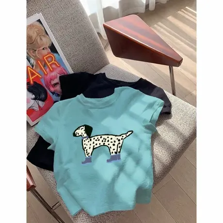 湖蓝色斑点狗卡通印花短袖T恤圆领修身短上衣半袖女2025年新款夏图片