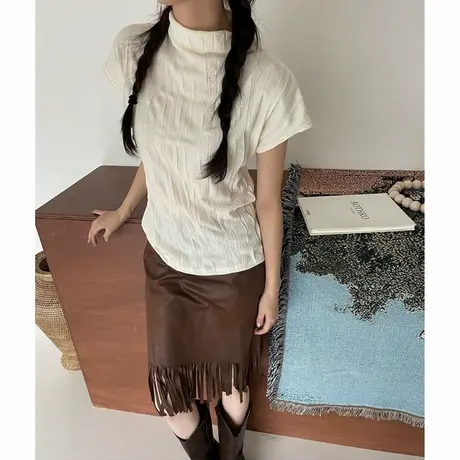 褶皱设计感小众半高领短袖T恤女夏季修身韩版打底衫内搭正肩上衣图片