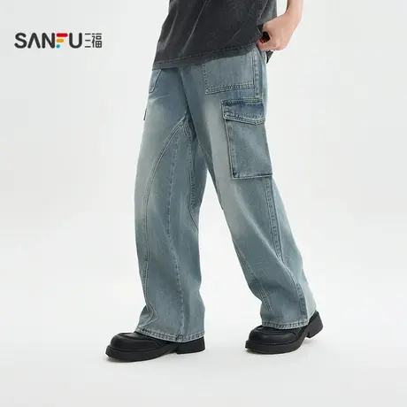 三福2025夏季男士多口袋洗水工装牛仔裤 街潮宽松长裤504160商品大图