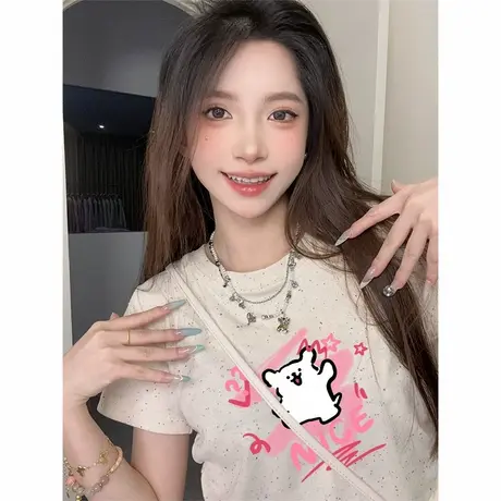 潮流收腰短款t恤女2025新款褶皱修身彩虹波点短袖减龄小个子上衣商品大图