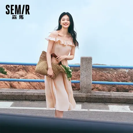 森马连衣裙女2024新款夏季修身荷叶边甜美风中长裙慵懒小飞袖温柔商品大图