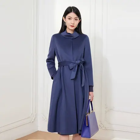 希区瑞普立领双面呢外套中长款宽松显瘦羊毛呢大衣时尚系带腰带图片