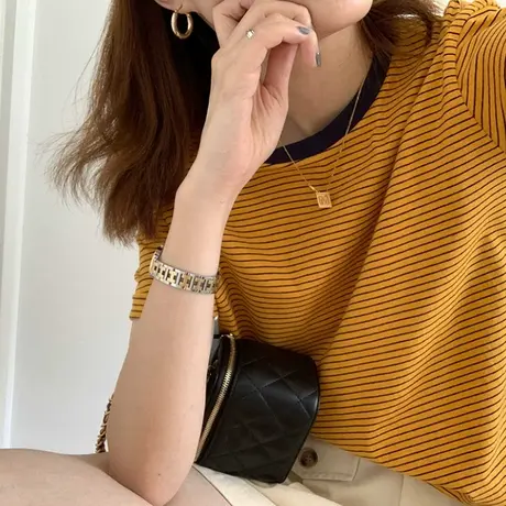 2025夏季新款条纹短袖T恤女韩版宽松显瘦撞色圆领半袖上衣ins潮牌图片