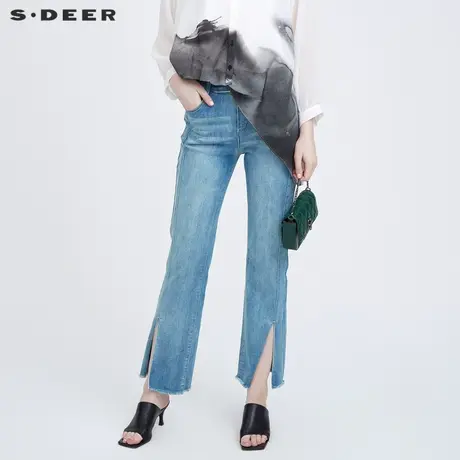 sdeer圣迪奥女装松紧拼接喇叭开衩牛仔长裤S22260821图片