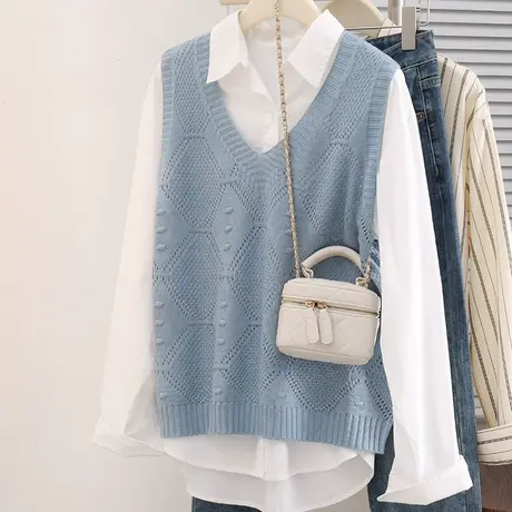 春夏薄款时尚镂空针织马甲女罩衫网衫外搭上衣宽松叠穿小坎肩背心商品大图