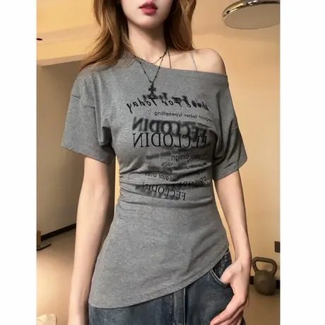 美式纯欲设计感不规则斜肩印花短袖t恤夏季新款收腰露肩辣妹上衣商品大图
