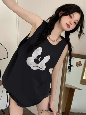 美式复古纯棉吊带背心无袖t恤女夏季外穿篮球服宽松港风挂脖上衣图片