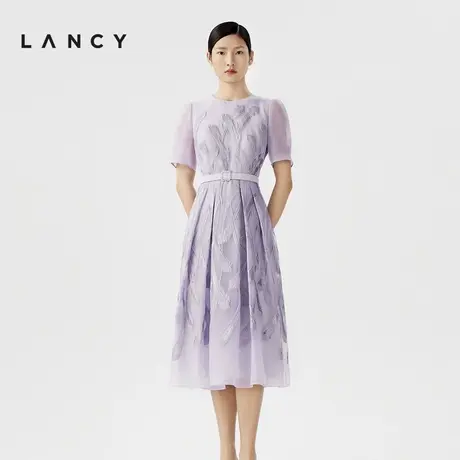 LANCY/朗姿2024夏季新款提花刺绣网纱连衣裙a字收腰气质中长裙女商品大图
