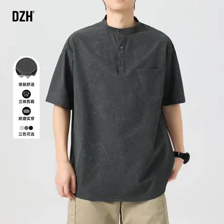 男士亨利领短袖男款美式潮牌2025新款休闲速干半袖衬衫百搭半开衫图片