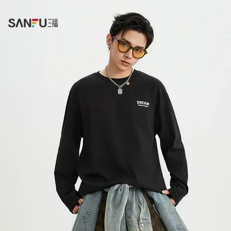 三福2025秋季男士双排字母长T恤 街潮圆领落肩时尚上衣506132商品大图