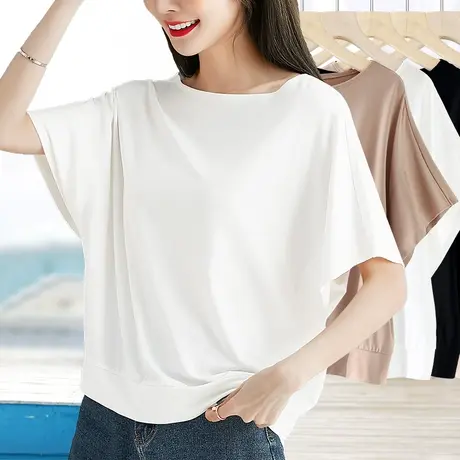蝙蝠短袖t恤女夏季米白色莫代尔棉一字肩领宽松休闲薄款体恤上衣图片