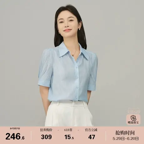 娅丽达轻薄蓝色通勤短袖衬衫女夏季新款雪纺上衣气质v领外穿衬衣商品大图
