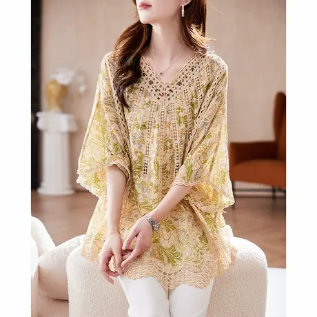 宝诗黎蝙蝠袖刺绣镂空印花上衣2025春季韩版洋气宽松慵懒大码女装图片