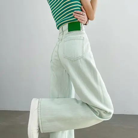 撞色浅绿色破洞牛仔裤女夏季薄款高腰宽松垂感阔腿裤子显瘦直筒裤商品大图