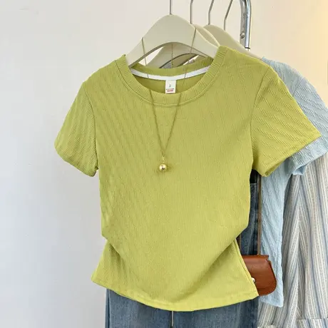 超火cec正肩短袖T恤女夏季韩版修身设计感小众短款小个子半袖上衣商品大图