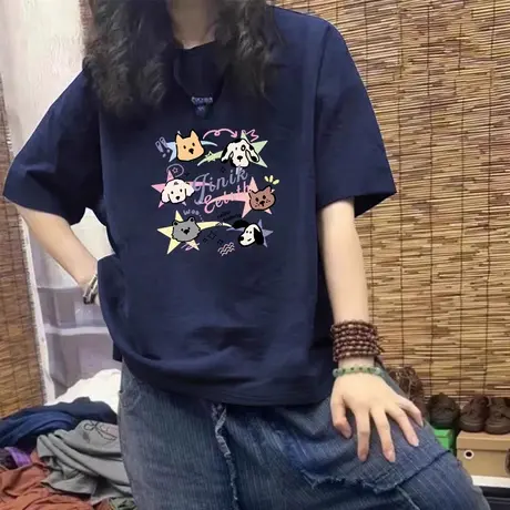 大码正肩T恤女夏季穿搭胖mm宽松显瘦遮肉独特别致多巴胺短袖上衣商品大图