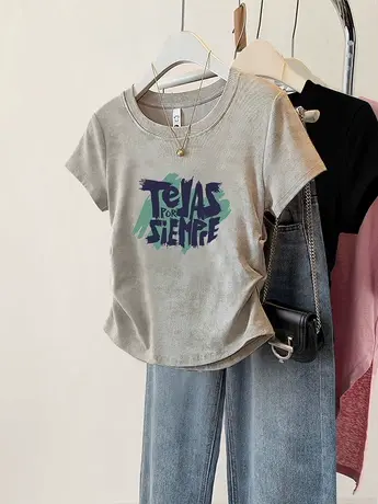 短款正肩t恤女韩系chic大码收腰修身短袖ins小个子复古印花上衣夏商品大图