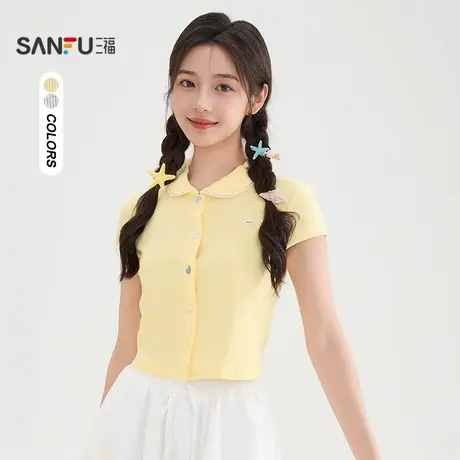 三福短T恤2025夏季撞色异形扣甜美娃娃领短款上衣女装503882图片