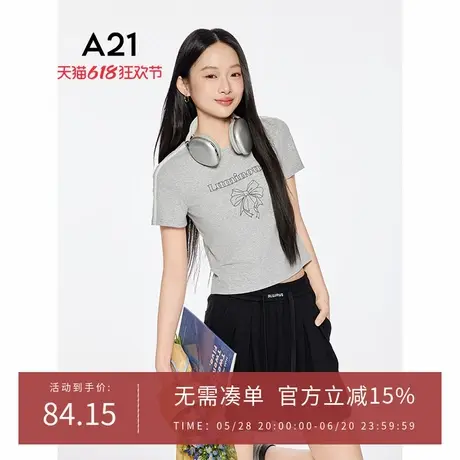 A21女装字母蝴蝶结印花圆领T恤2025夏季新款简约薄上衣F452231070图片
