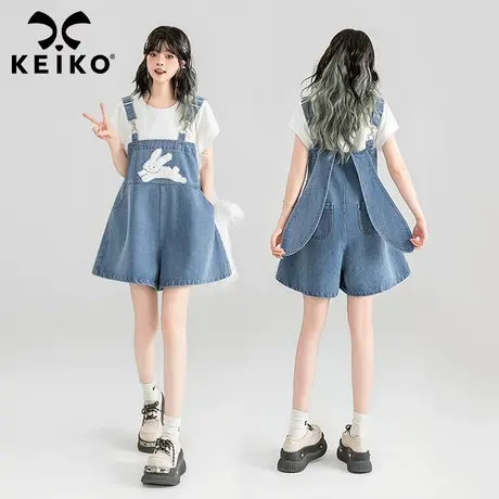 KEIKO 兔耳朵牛仔背带裤女2024夏季减龄小个子显瘦短裤阔腿裤子图片
