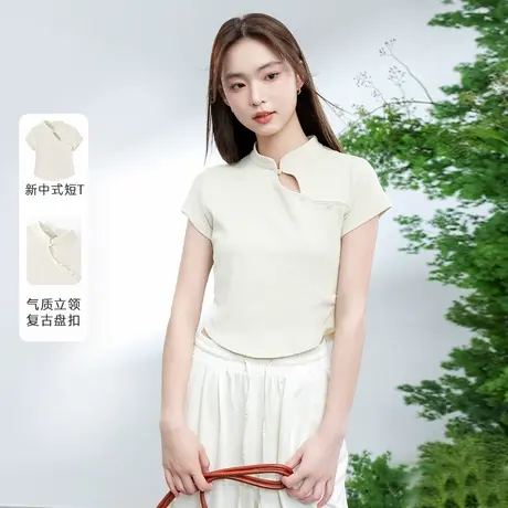 KWV真维斯卡其色正肩短袖t恤女2025新款设计感新中式短款上衣女商品大图