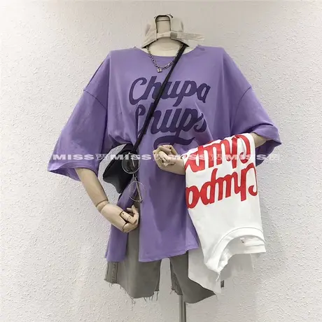 短袖t恤女ins潮2020夏季新款韩版宽松字母撞色开叉中长款百搭上衣商品大图