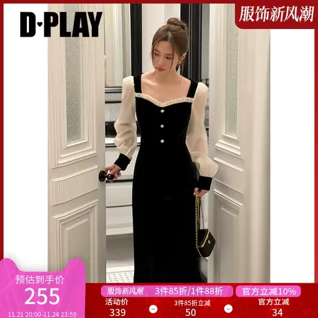 DPLAY新法式赫本风黑拼杏宫廷领撞色丝绒连衣裙轻礼服小黑裙商品大图