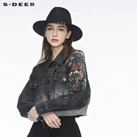 sdeer圣迪奥前卫新潮渐变效果花朵刺绣装饰翻领短款外套S18382225图片