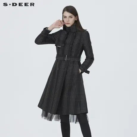 sdeer圣迪奥女装休闲简约立领格纹收腰网纱中长款风衣S20381822图片