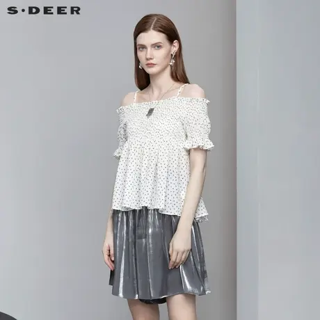 sdeer圣迪奥女装甜美碎花木耳边泡泡袖吊带S22261501图片