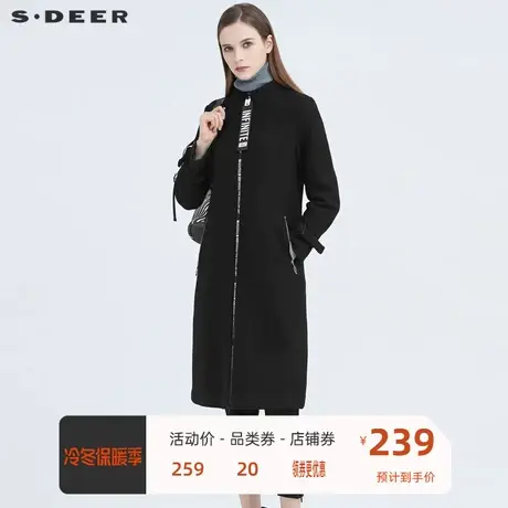 sdeer圣迪奥女装休闲立领字母织带长款毛呢大衣女外套S20481809图片