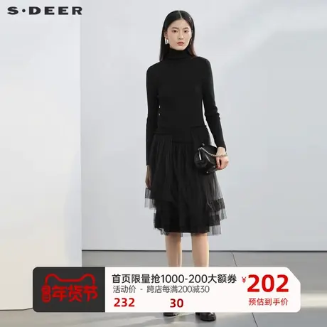 sdeer圣迪奥冬季新款优雅高领网纱拼接长款针织衫S20463507图片