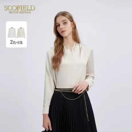 Scofield女装贵气感褶皱V领光滑缎面衬衫优雅气质长袖上衣秋季商品大图