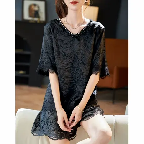 宝诗黎V领钉珠蕾丝拼接雪纺衫女2025夏季高级感气质百搭醋酸小衫商品大图