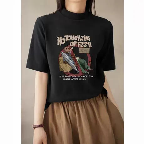 半高领短袖t恤女夏季2025新款洋气减龄休闲黑色常规款纯棉上衣ins图片