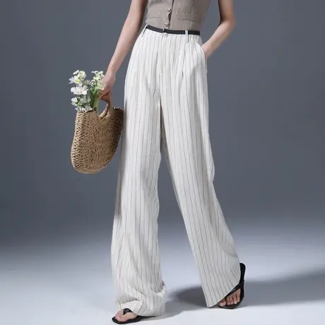 亚麻阔腿裤女夏季薄款慵懒风复古条纹休闲裤宽松垂感直筒拖地长裤图片