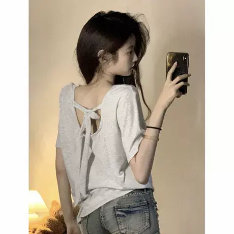 蝴蝶结露背短袖T恤女夏季宽松韩版打底衫外穿内搭美背半袖上衣潮图片