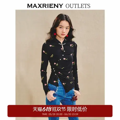 【奥莱】MAXRIENY新中式盘扣上衣修身玫瑰印花复古国风衬衫商品大图