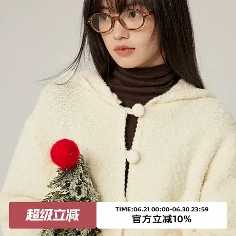 omont蛋挞家 复古肌理感卷卷毛针织开衫2024冬季连帽软糯针织上衣商品大图